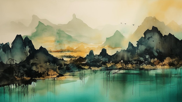 A painting of mountains and a lake with a blue sky.