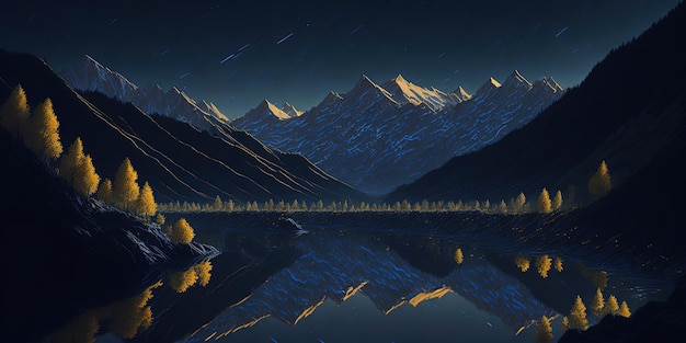 A painting of mountains and a lake with the moon in the sky