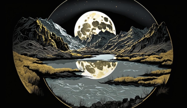A painting of mountains and a lake with the moon in the sky.