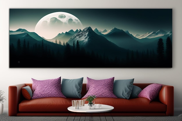 A painting of mountains and a moon is displayed on a wall