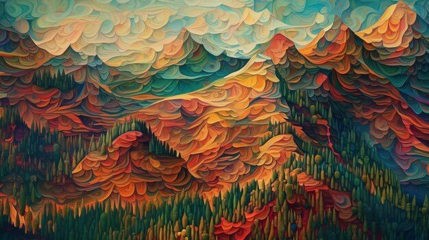 A painting of mountains and a mountain range.