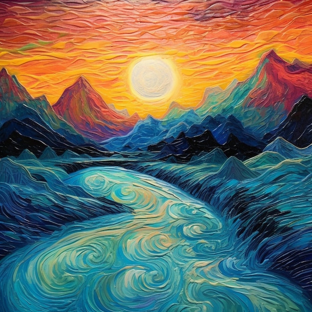 A painting of mountains and a river with the sun shining through the clouds.