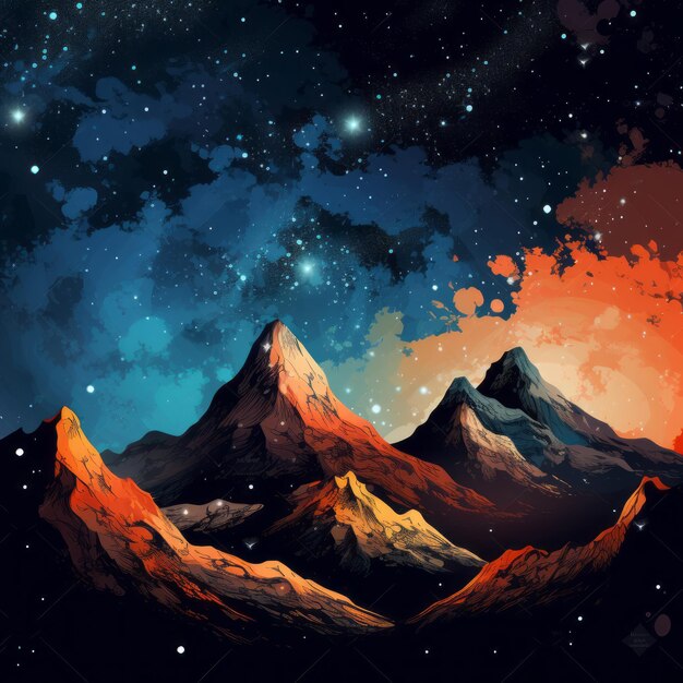 A painting of mountains and stars in the night sky