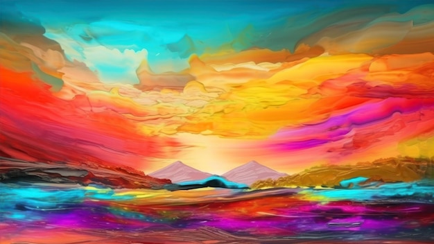 A painting of mountains and a sunset with a colorful sky.