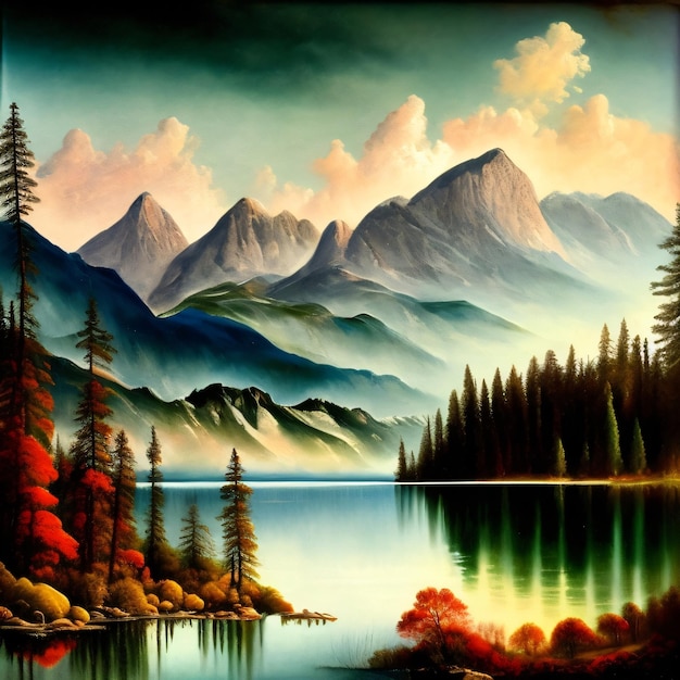 A painting of mountains and trees with a lake in the foreground.