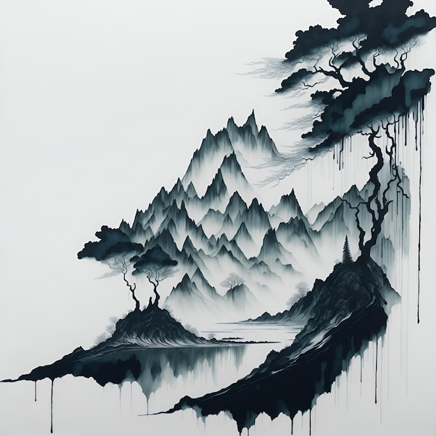 A painting of mountains and trees