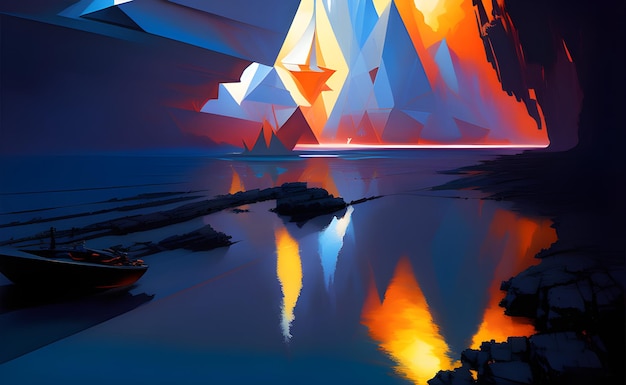 A painting of mountains and the water is lit up with a blue light.