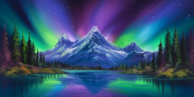 A painting of mountains with the aurora borealis above them.