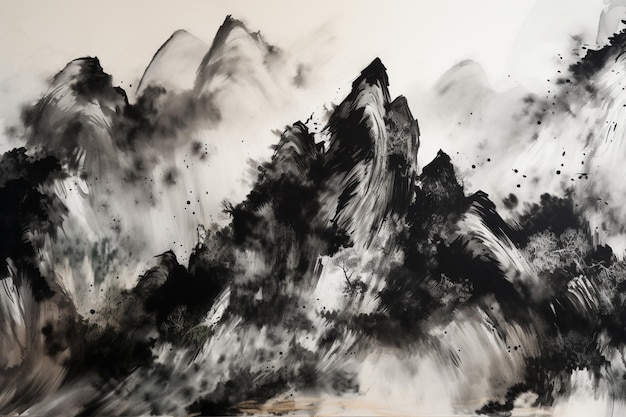 A painting of mountains with black and white paint on the bottom.