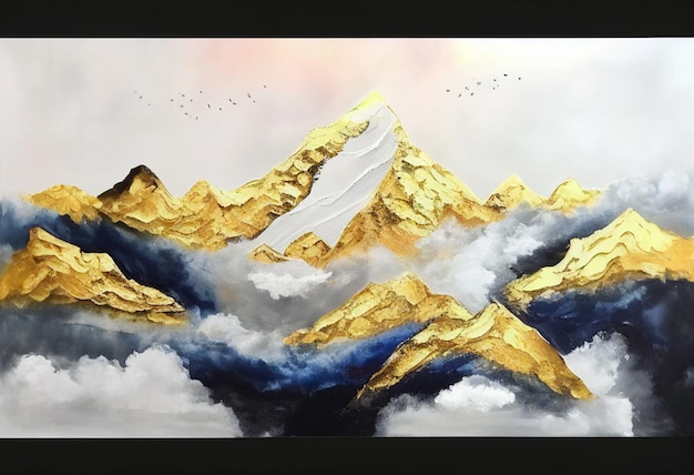 A painting of mountains with a blue and gold base and the words " mountain " on the top.