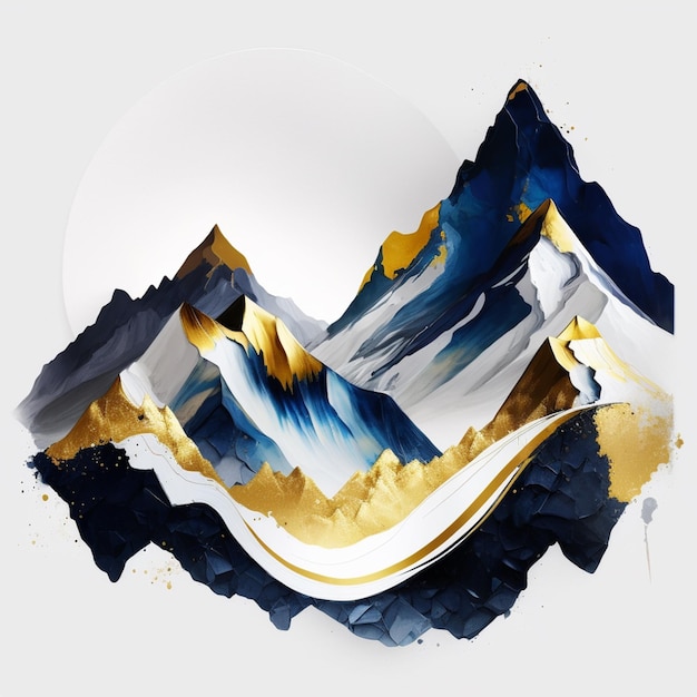 A painting of mountains with a blue and gold design.