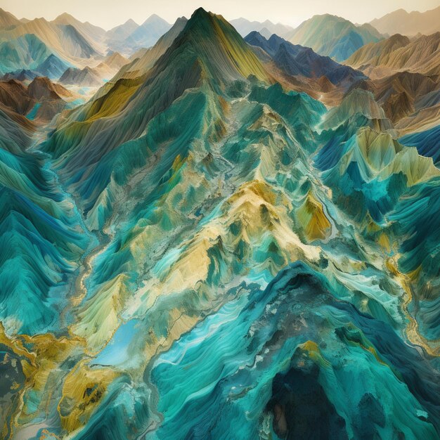 A painting of mountains with a blue and green design.