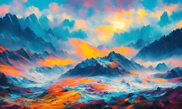 A painting of mountains with a cloudy sky in the background.