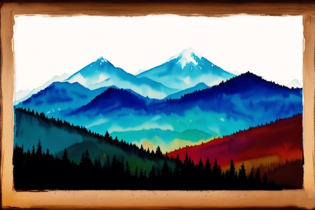 A painting of mountains with a colorful landscape in the background.