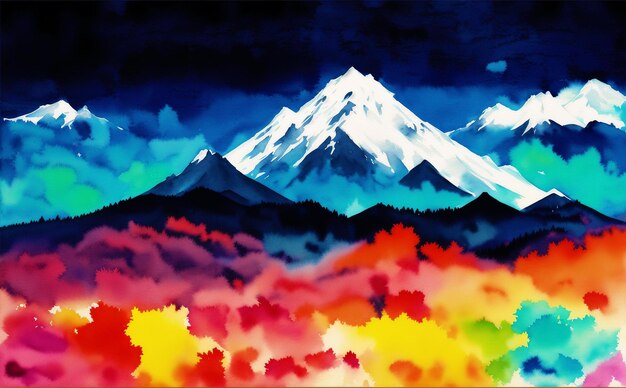 A painting of mountains with a colorful sky and the words " mountain " on the top.