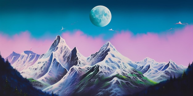 A painting of mountains with the moon in the sky