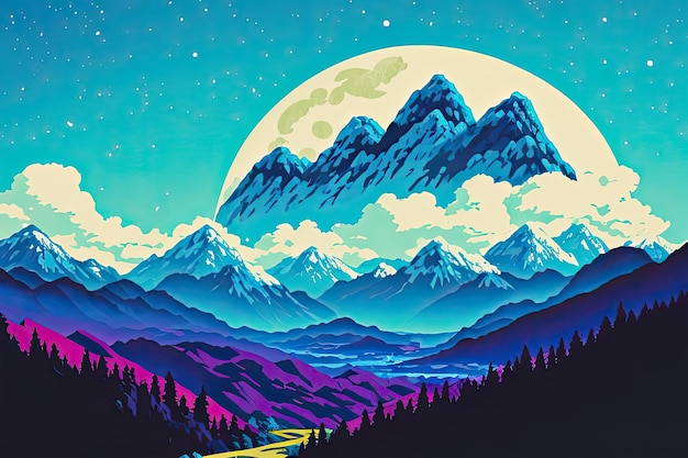 A painting of mountains with a mountain in the background