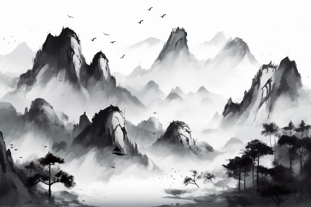 A painting of mountains with a mountain in the background.