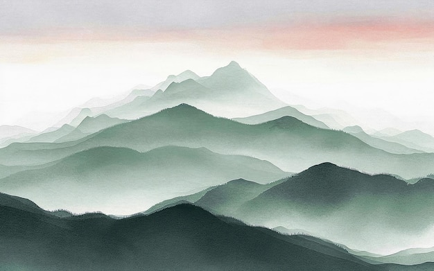 a painting of mountains with a pink sunset in the background