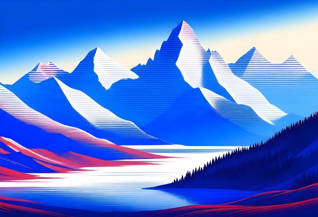 Photo a painting of mountains with a red and blue background