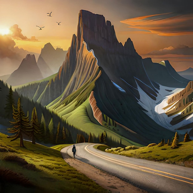 painting of mountains with a road