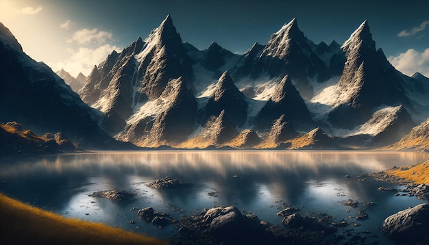 A painting of mountains with the sky in the background