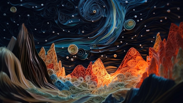 A painting of mountains with stars and the words night on the bottom