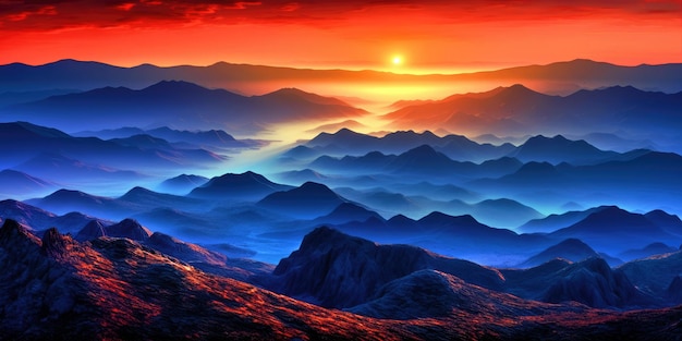 地平線に沈む太陽と山の絵。