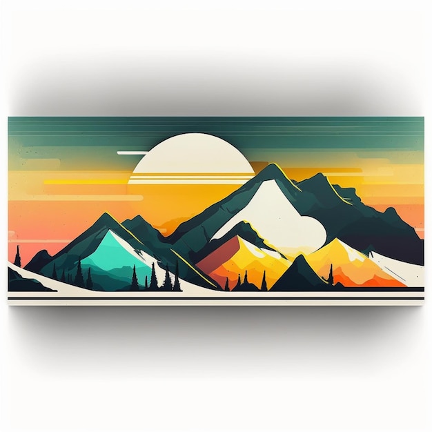 A painting of mountains with the sun setting behind it.