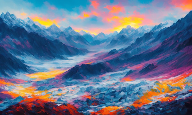 A painting of mountains with a sunset in the background.
