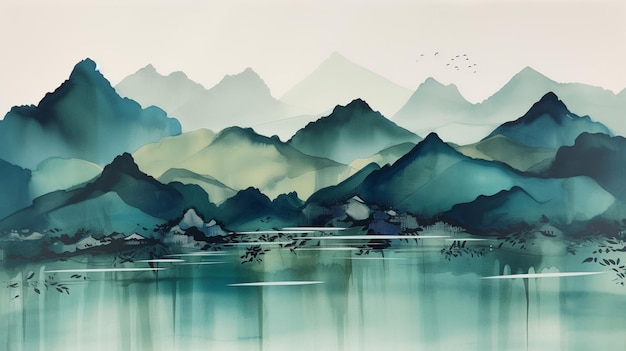 A painting of mountains with the words " mountain " on the left.