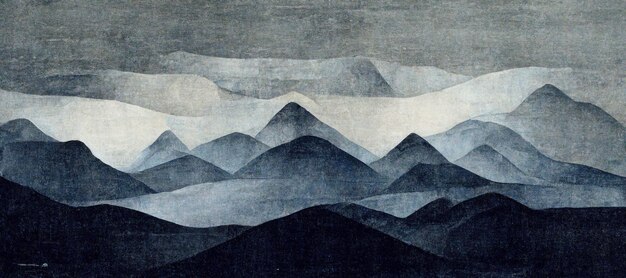 A painting of mountains with the words " the mountains are visible "