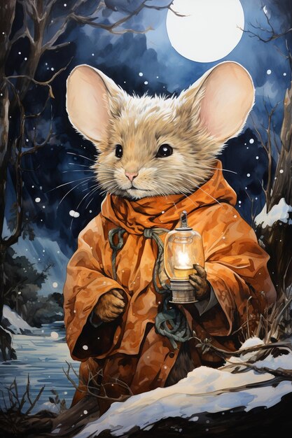 Photo painting of a mouse in a coat holding a lantern in a snowy forest generative ai