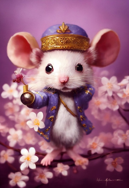 Painting of a mouse dressed in a blue coat and hat holding a bell generative ai