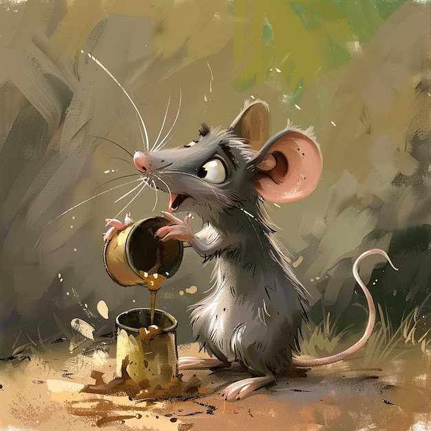 a painting of a mouse drinking from a can of gold coins