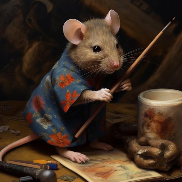 Photo painting of a mouse in a kimono outfit with a brush and a jar generative ai