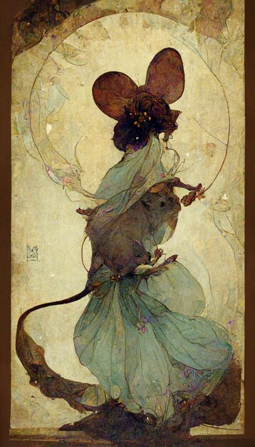 Painting of a mouse with a dress and a flower in its mouth generative ai