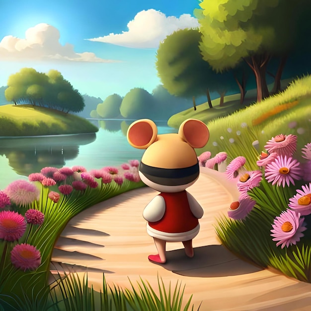 A painting of a mouse with a river in the background.