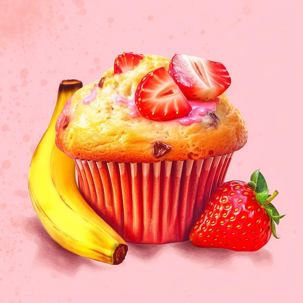 A painting of a muffin and a banana with strawberries on it.