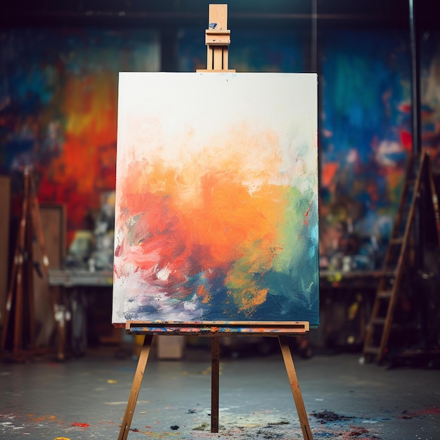 A painting of a multicolored canvas is on a wooden easel.