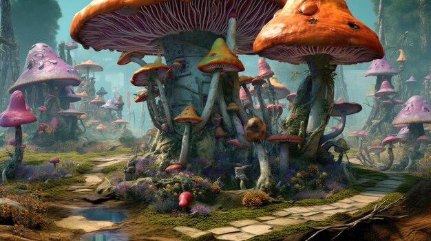 A painting of a mushroom garden with a blue dog on the bottom.