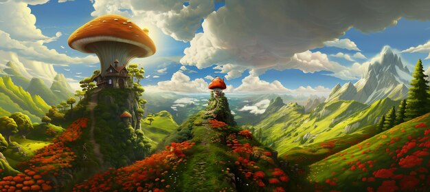 Painting of a mushroom on a hill with a man on a tower generative ai