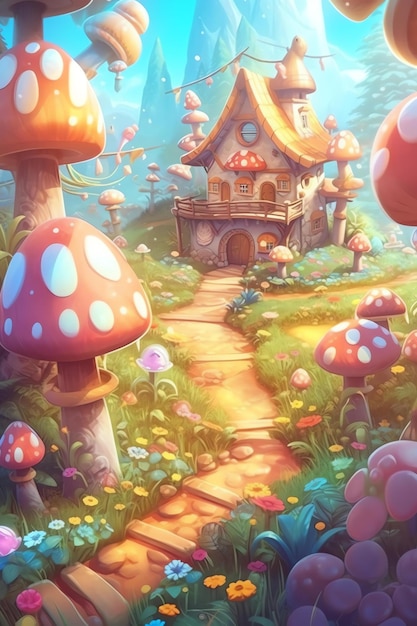 A painting of a mushroom house in a forest with a path leading to it.