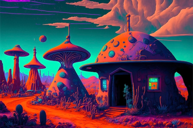 Painting of a mushroom house in the middle of a desert generative ai