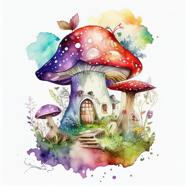 A painting of a mushroom house with a mushroom house on it.