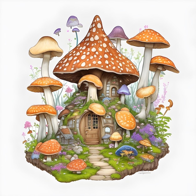 A painting of a mushroom house with a mushroom house on it.