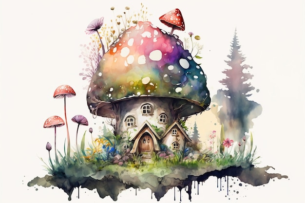 A painting of a mushroom house with a mushroom house on the top.