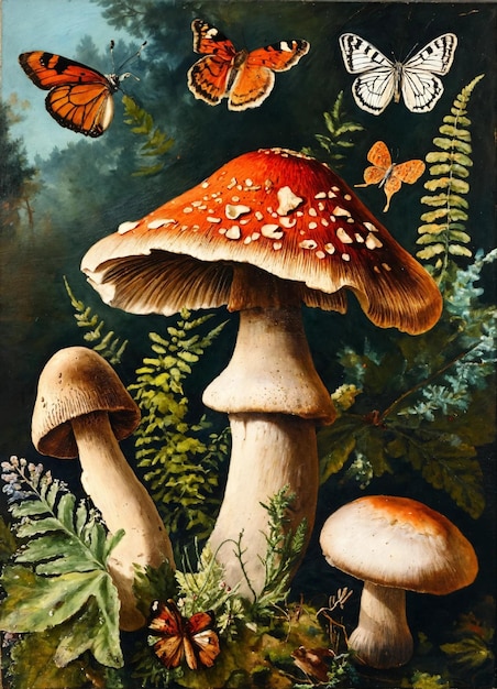 Photo a painting of a mushroom with butterflies and a butterfly on it