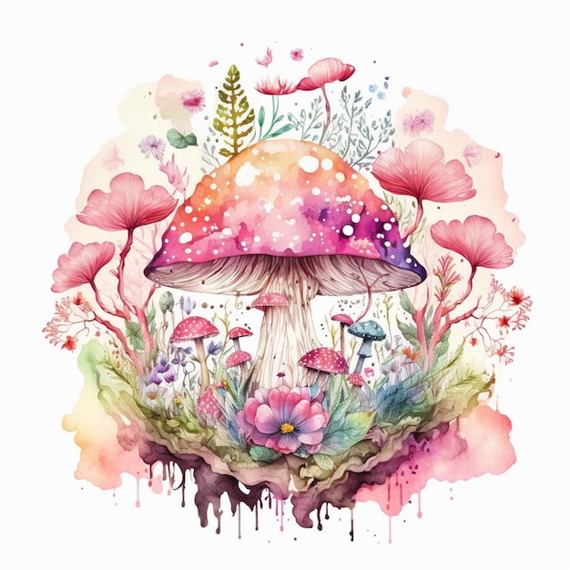 A painting of a mushroom with flowers and plants on it generative ai