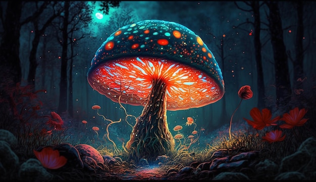 A painting of a mushroom with the light on it